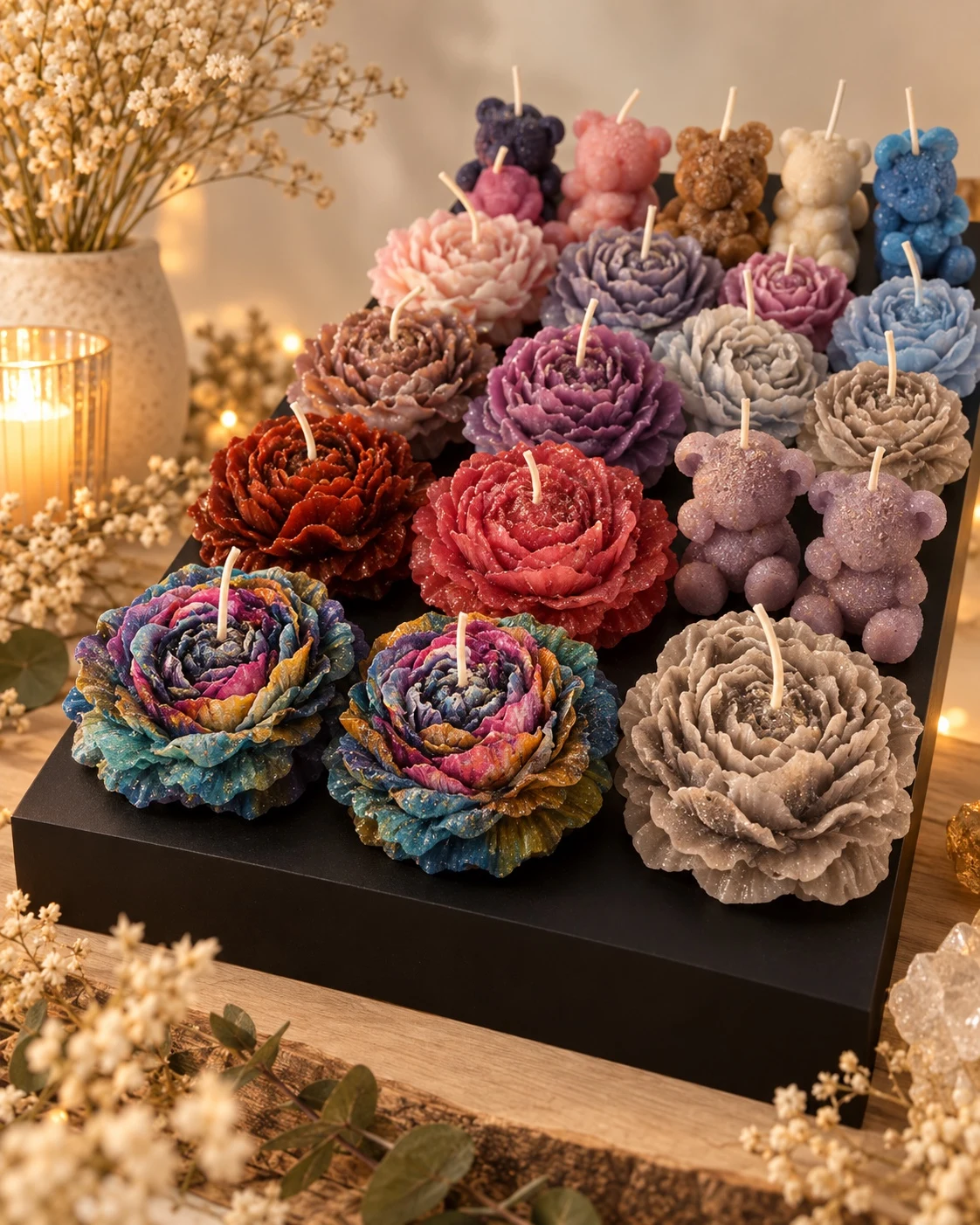 Mise en scène fournie : fleurs en cire et oursons